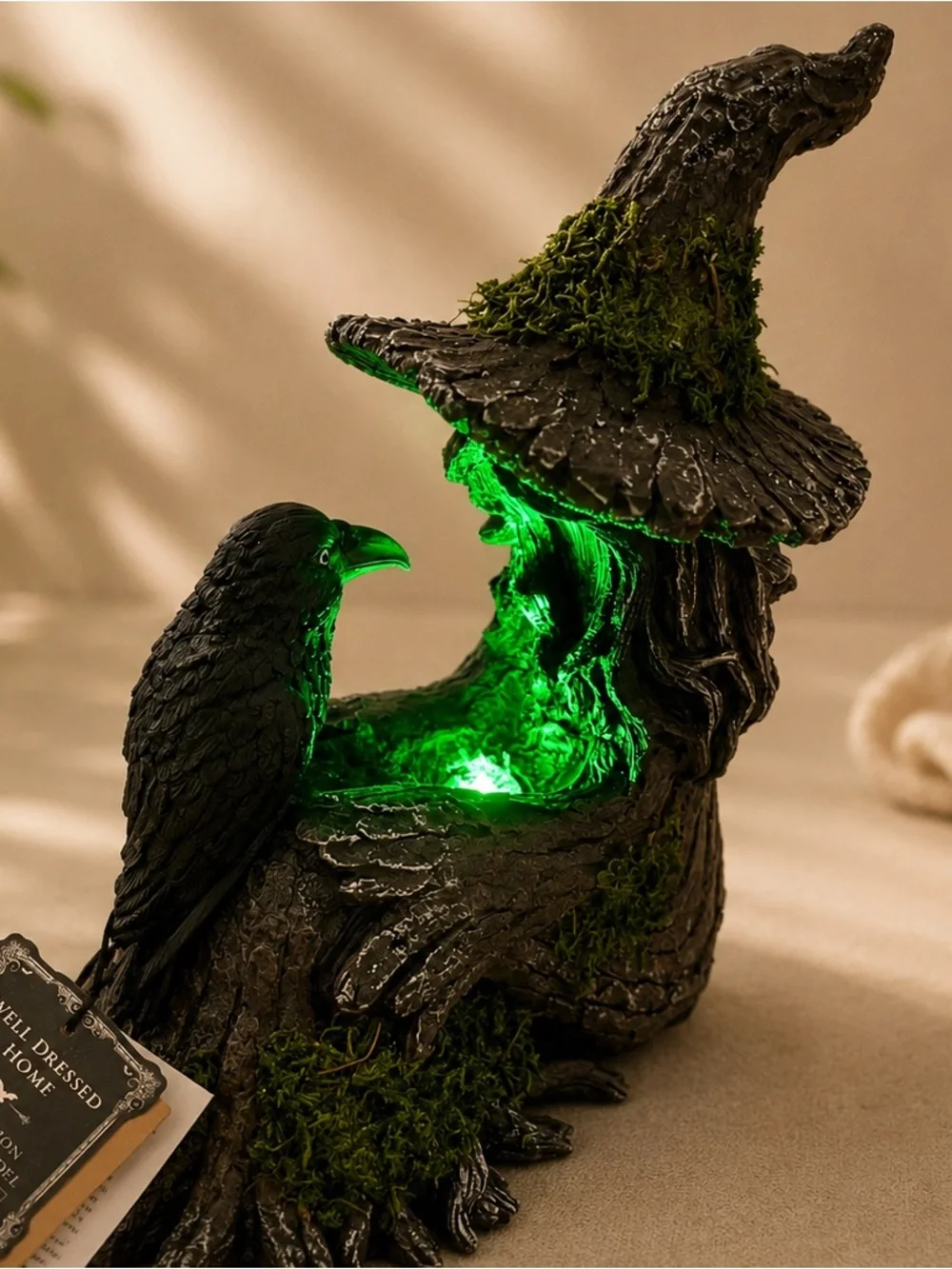 Halloween Mossy Tree Witch with crow Light Up Figurine Raven Decor Viral